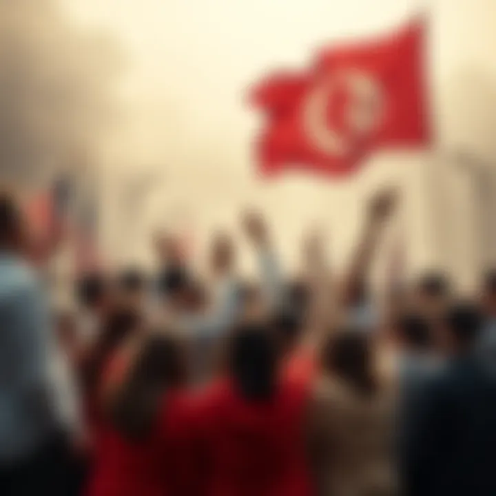 A group of people in a circle, passionately debating their beliefs, while a backdrop features political symbols, showing the intertwining of cult dynamics and political views.