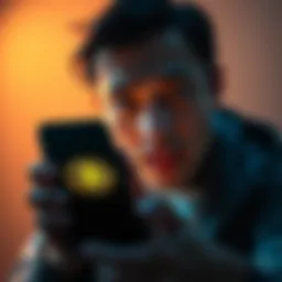 A person looking worried while holding a phone with a Bitcoin logo on the screen, symbolizing lost access to a Bitcoin wallet.