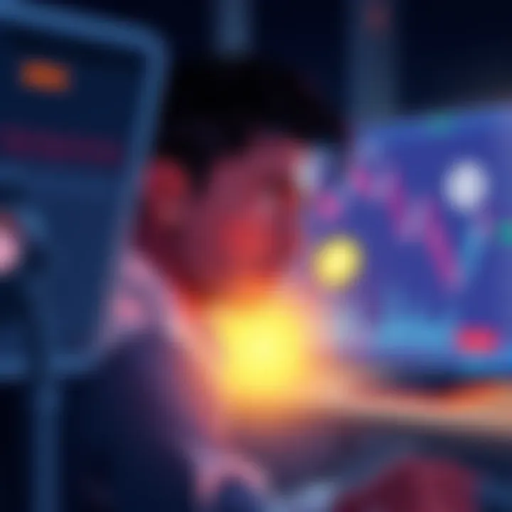 Lost Cryptocurrency Concept An investor looking worriedly at a computer screen showing a declining crypto chart and a wallet icon