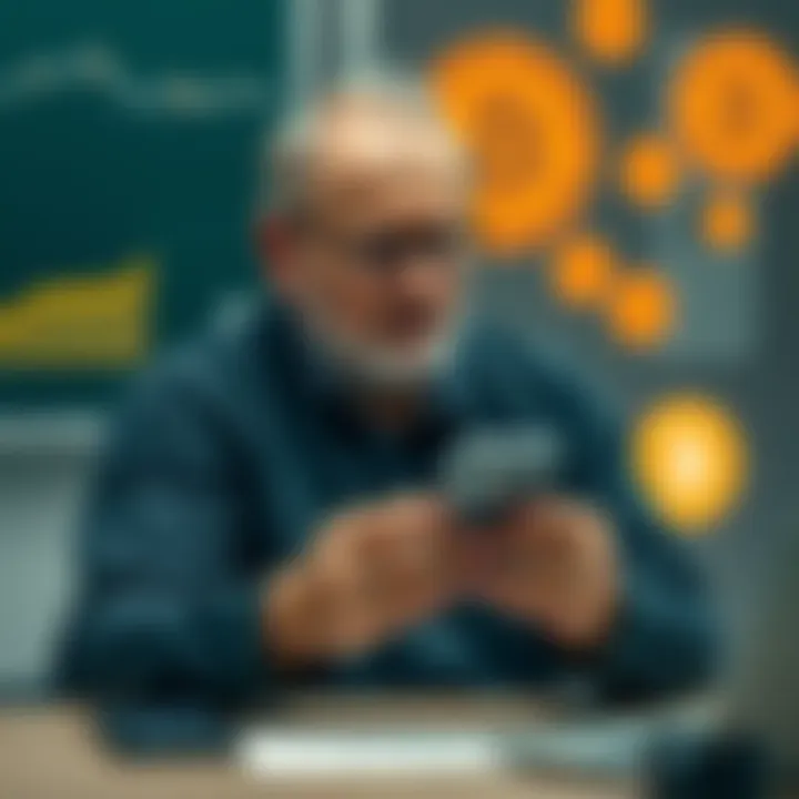 A 67-year-old individual sitting at a desk, looking concerned while holding a smartphone, with Bitcoin symbols on the screen in the background