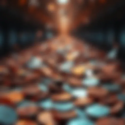 A digital representation of XRP coins scattered and fading into the background, symbolizing lost assets due to forgotten keys and abandoned wallets.