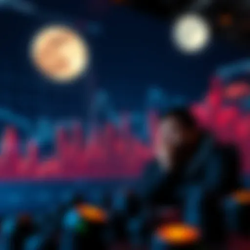 A chart showing a downward trend in the value of MOONS tokens with concerned investors analyzing the market.