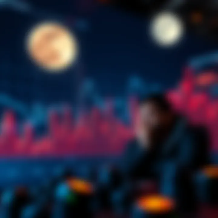 A chart showing a downward trend in the value of MOONS tokens with concerned investors analyzing the market.