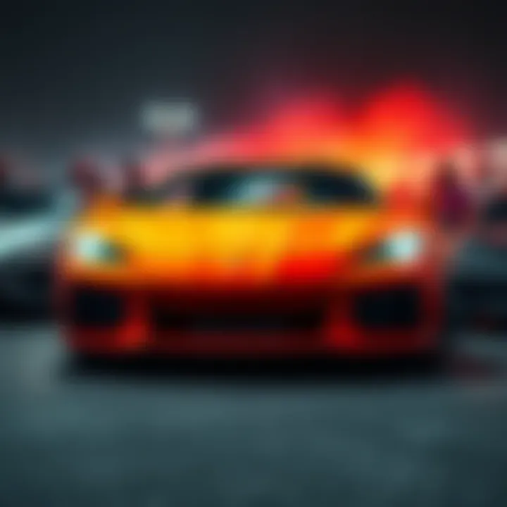 Group of people celebrating luxury car culture around stylish vehicles, showcasing their passion and connection.