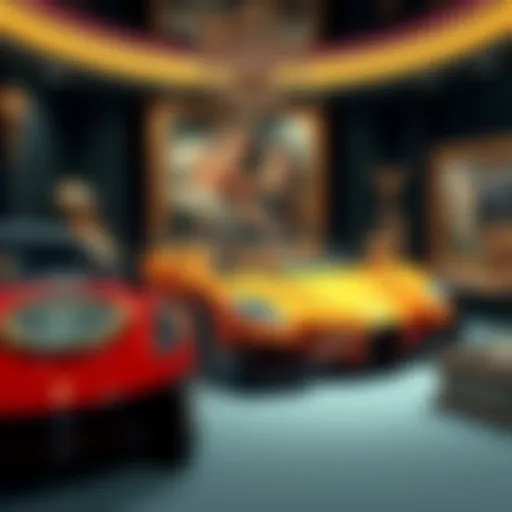 A display of luxury items such as a rare watch, exotic car, and expensive art piece, representing extravagant spending.