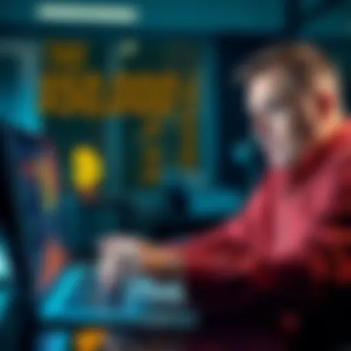 A man looking surprised while checking his Bitcoin account on a laptop, with a shocked expression on his face and Bitcoin logo on the screen.