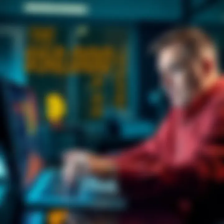A man looking surprised while checking his Bitcoin account on a laptop, with a shocked expression on his face and Bitcoin logo on the screen.