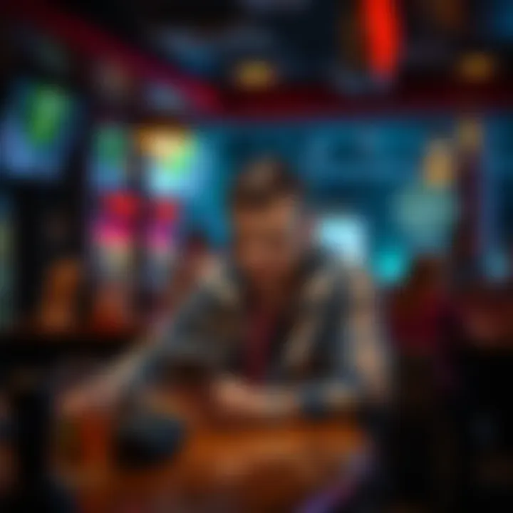A man sits at a bar, looking worried while checking his phone, reflecting on his impulsive investment in XRP after drinking.
