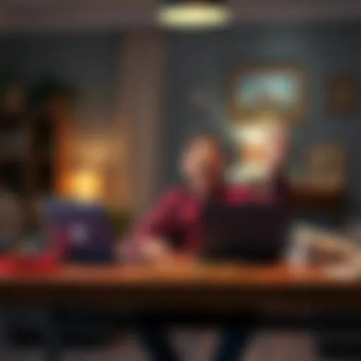 A man sitting at a table with a laptop, excitedly discussing selling Bitcoin to renovate his house, with renovation tools nearby.