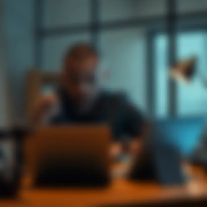 A concerned man sits at a desk, studying a suspicious email on his laptop, seeking help from the community.