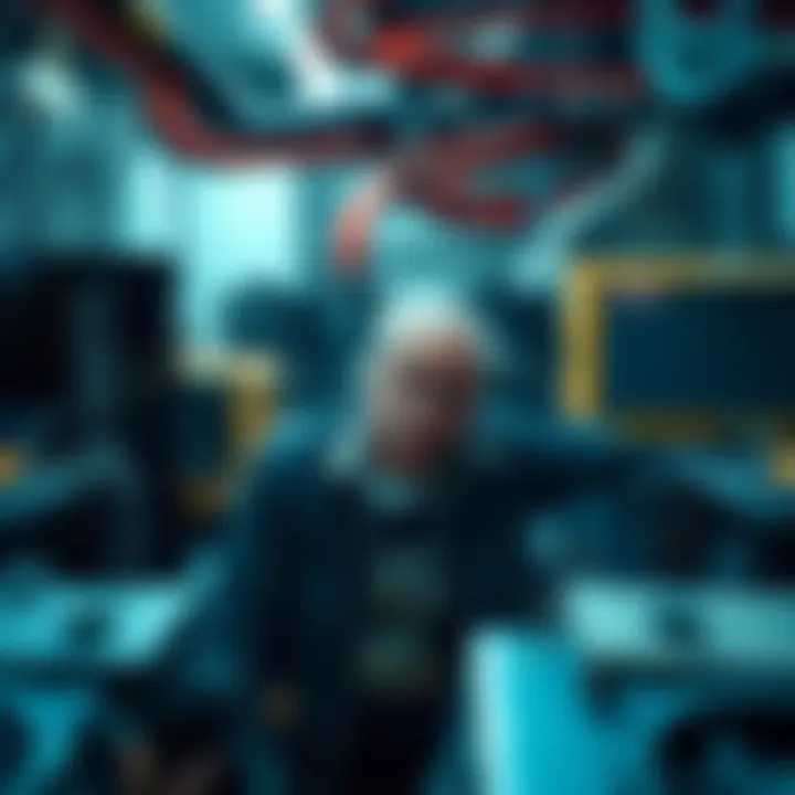 A worried man stands among unused cryptocurrency mining machines, reflecting on costly mistakes.