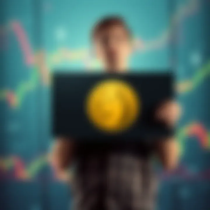 A man eagerly holds a sign with the Dogecoin logo, looking hopeful but anxious, surrounded by stock market charts.