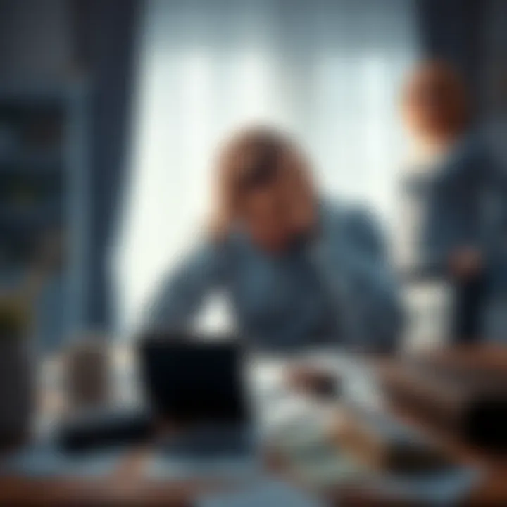 A man sitting at a table with a worried expression, holding his head in his hands, surrounded by scattered papers and a wallet. His wife stands nearby, looking concerned.