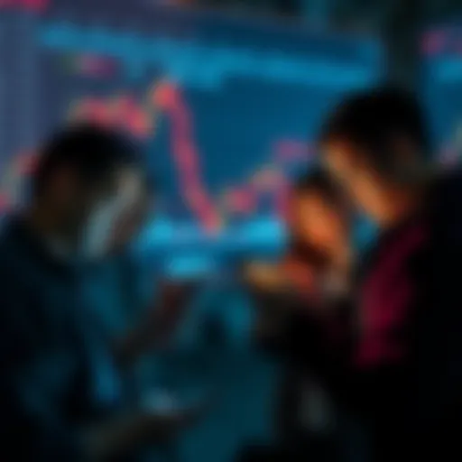 A visual of people looking at their digital assets on smartphones, reflecting uncertainty in the market as they hold onto their investments, with a steady market graph in the background.