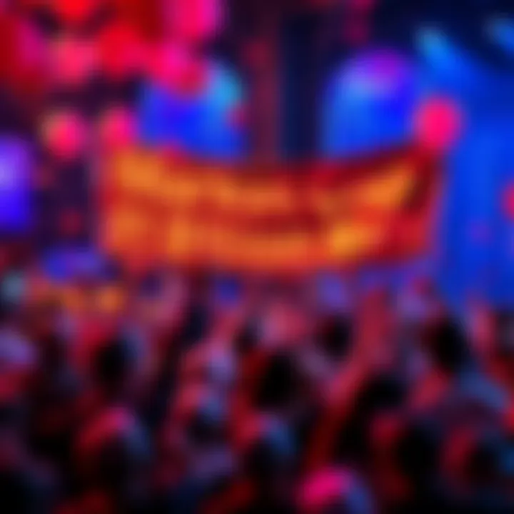 Crowd celebrating as market cap crosses one billion dollars with balloons and banners