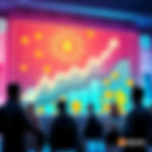 A vibrant graphic showing a trading chart with upward trends, cryptocurrency symbols, and people engaging in discussion.