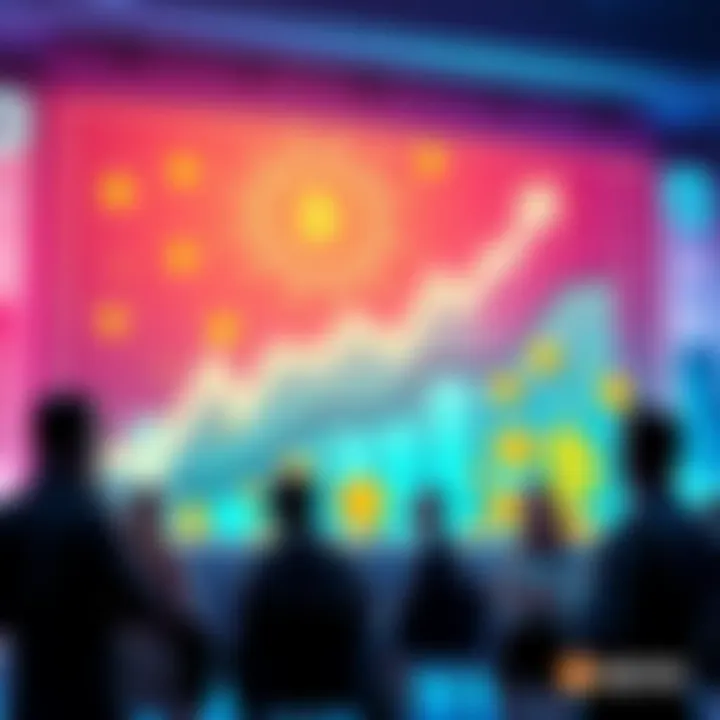 Market Discussion Graphic A vibrant graphic showing a trading chart with upward trends, cryptocurrency symbols, and people engaging in discussion.
