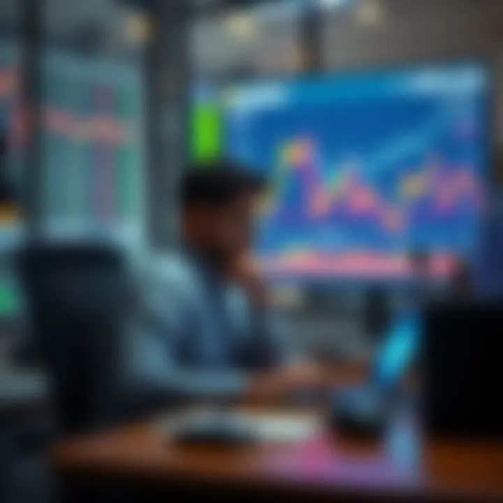 Market Downturn Decisions A person sitting at a desk looking at financial charts and graphs on a laptop, contemplating investment choices during a market drop