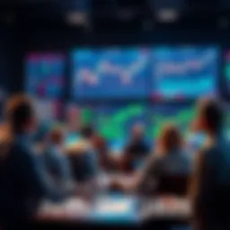 A group of people sharing trading strategies and insights in a lively forum setting, with charts and graphs displayed on a screen in the background.
