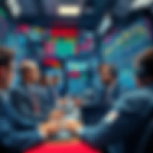 A group of market makers analyzing stock charts on screens, discussing financial strategies in a busy trading environment.