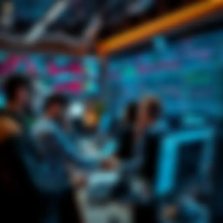 Market Makers Trading Decisions A group of market makers analyzing stock charts and making trading decisions in a busy financial office.