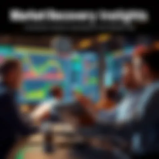 A group of investors analyzing market charts and discussing strategy after a dip.