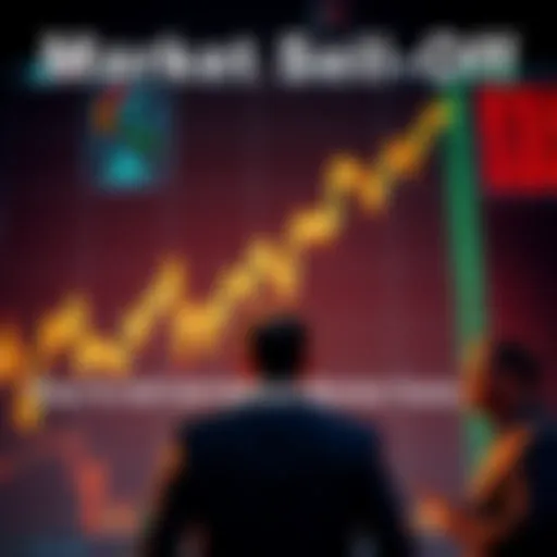A stock market chart showing a downward trend with worried investors looking on
