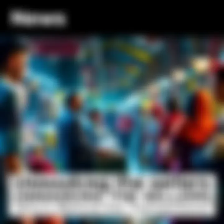 A diverse group of sellers engaging in transactions at a marketplace, showcasing different products and buyers interacting with them