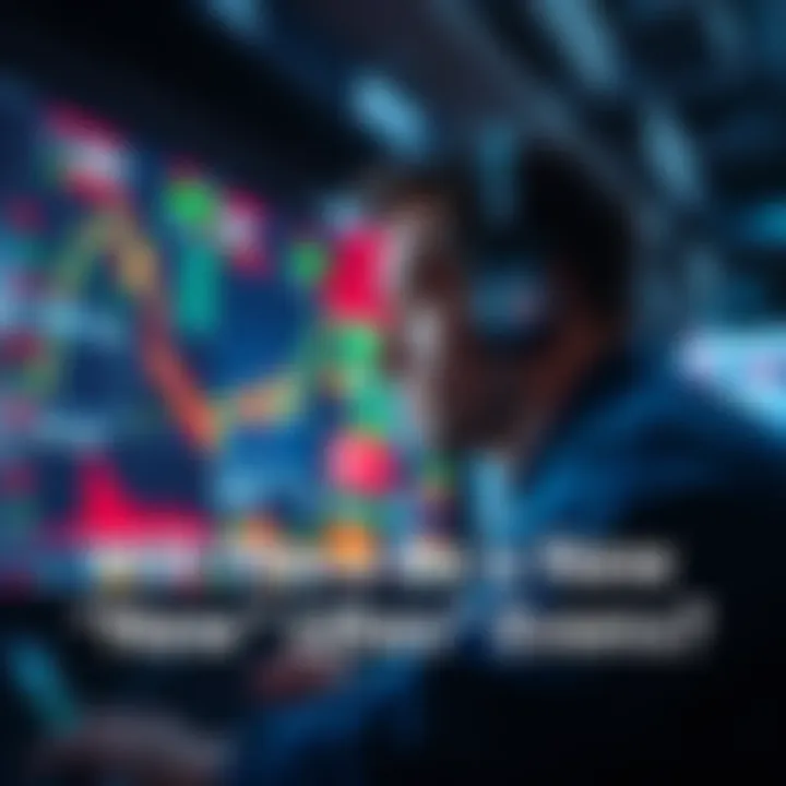 A trader looking at market graphs and news on a screen, pondering future trading events