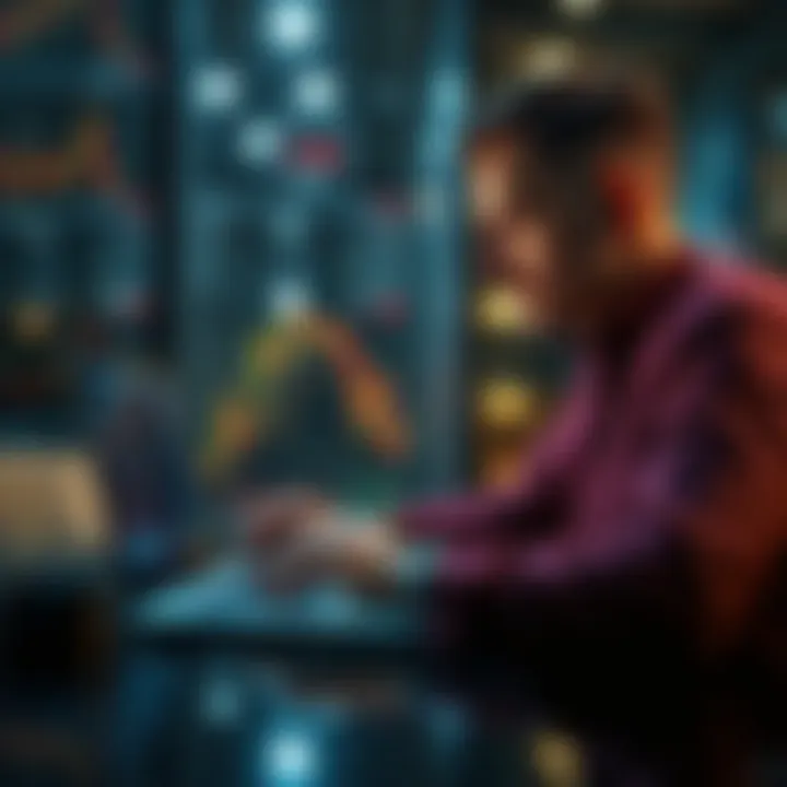 A person analyzing financial charts and graphs on a laptop, looking focused and thoughtful.