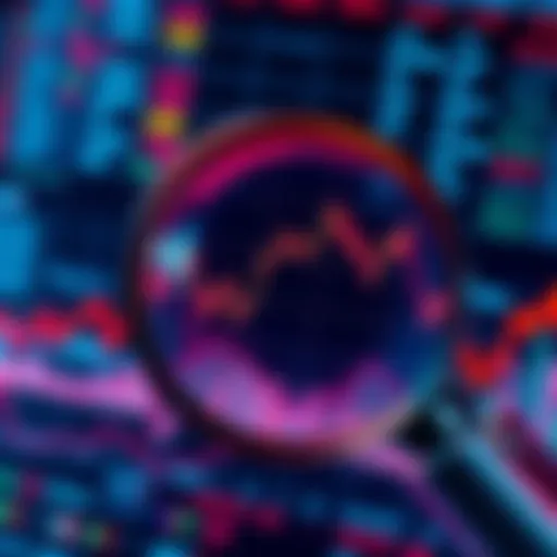 Graph showing downward and upward trends in market conditions with a magnifying glass