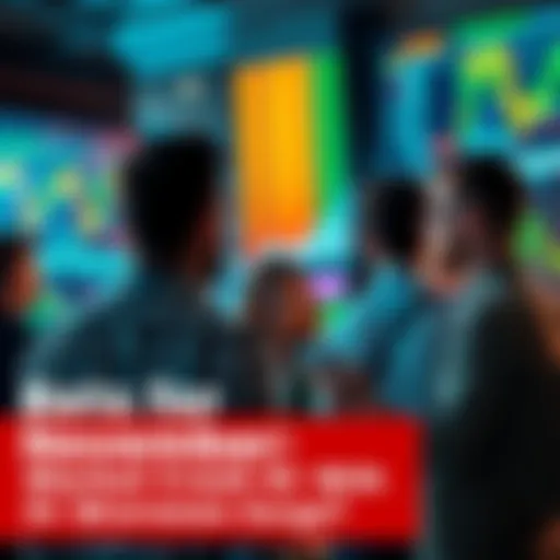 A group of people discussing financial trends with graphs and charts on a screen in the background