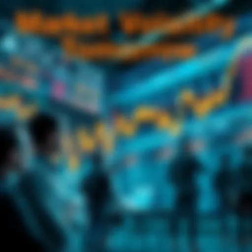 Graph showing sharp fluctuations in stock prices with worried investors looking on