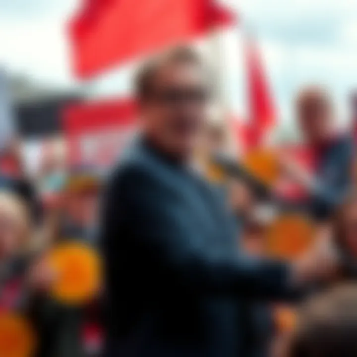Max Keiser speaking at a rally Max Keiser passionately addressing a crowd holding bitcoin symbols, emphasizing his viewpoint on financial institutions.