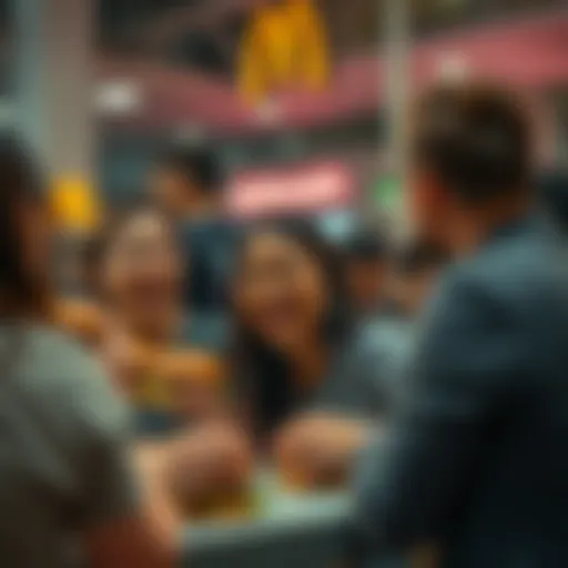 A lively group of people at a McDonald's event, sharing laughs and enjoying burgers together