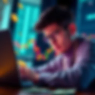 A person looking confused while viewing a cryptocurrency chart on a laptop, with dollar bills scattered around.