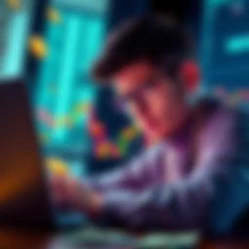 A person looking confused while viewing a cryptocurrency chart on a laptop, with dollar bills scattered around.