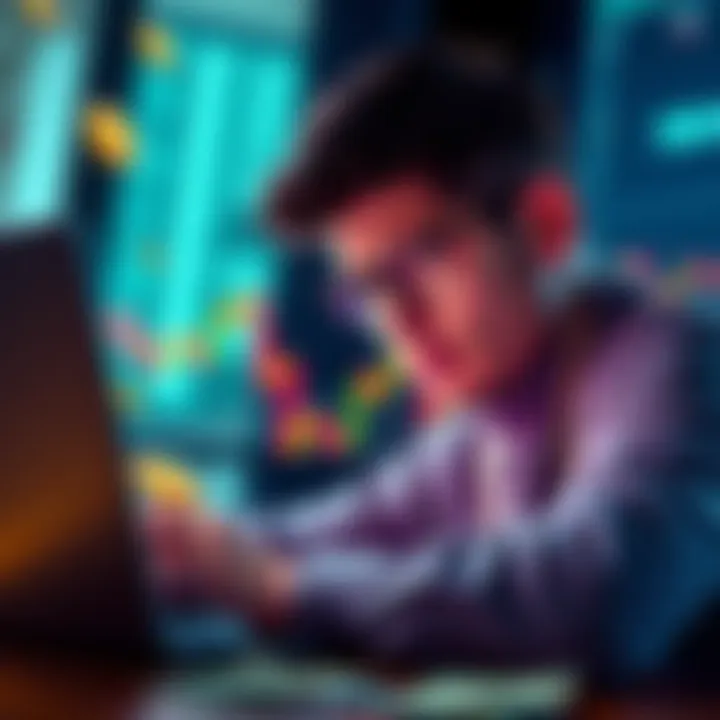 A person looking confused while viewing a cryptocurrency chart on a laptop, with dollar bills scattered around.