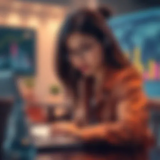 A young woman conducting a survey on meme coin investments with a laptop and charts in the background.