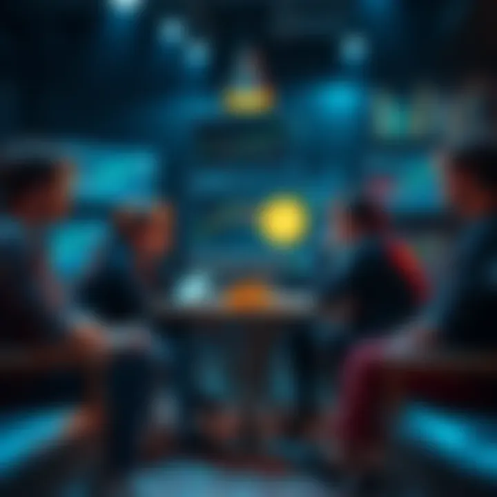 A group of people debating the value of memecoins in a casual setting, showing charts and digital coins on screens.