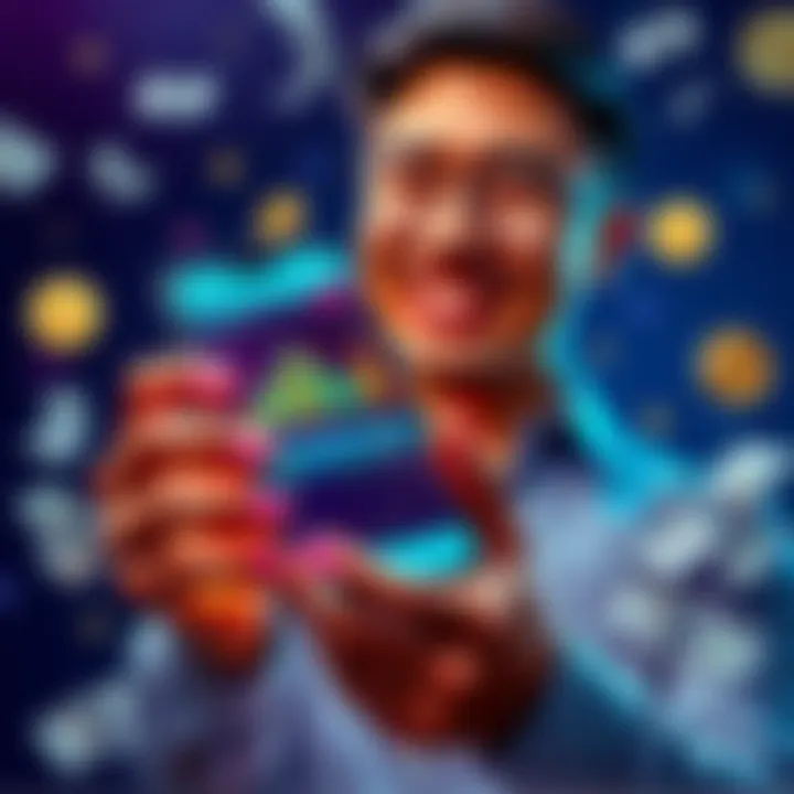 Memes Coin Profits A person holding a smartphone with Memes Coin charts on the screen and smiling, surrounded by dollar bills and meme graphics