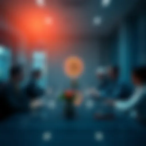 A group of business people discussing the rejection of Bitcoin in a corporate setting during a meeting.