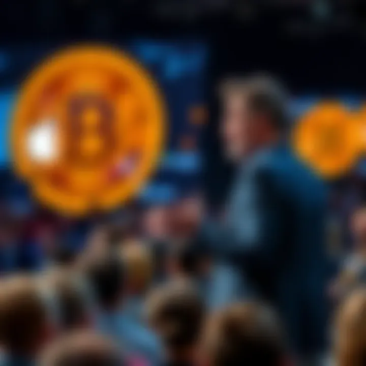 Michael Saylor presenting to an audience, advocating for Apple to invest in Bitcoin, with visuals of Bitcoin symbols in the background