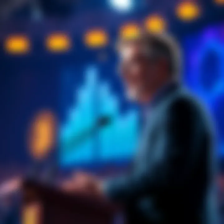 Michael Saylor at a podium discussing the future of cryptocurrency in 2025