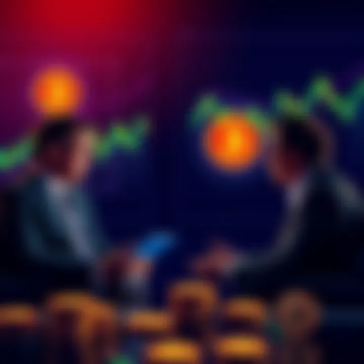 Executives discussing Bitcoin security with charts and digital currency symbols in the background