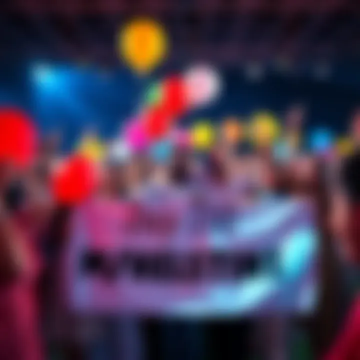 A group of people celebrating a milestone, holding banners and balloons, with smiles all around.