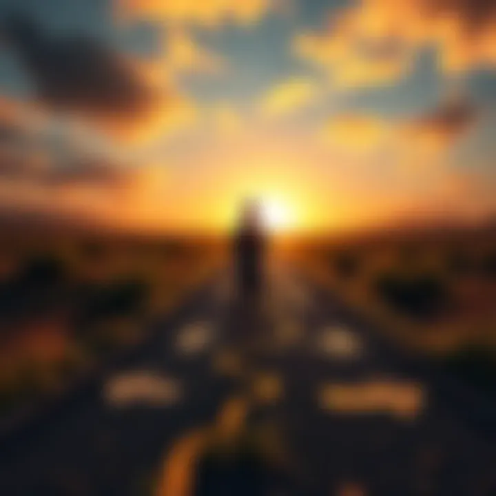 A person standing at a crossroads, considering different paths to success, with a bright horizon in the background.
