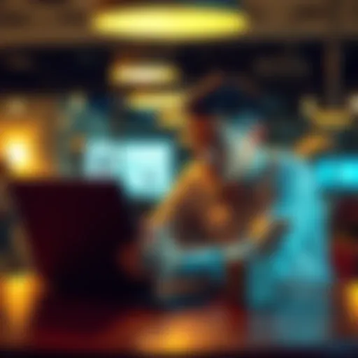 A person sitting at a table with a smartphone and a laptop, looking frustrated while trying to connect to a mobile indoor hotspot.