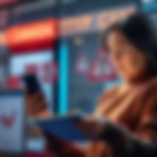 A concerned mom reviewing information about common cryptocurrency scams in Canada, holding a smartphone and a notepad, with warning signs in the background.