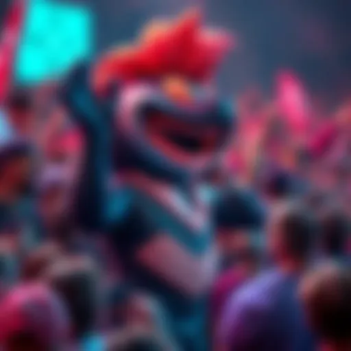 A vibrant mascot character representing Monero, showcasing the values of the cryptocurrency, engaging with a crowd of enthusiastic supporters.